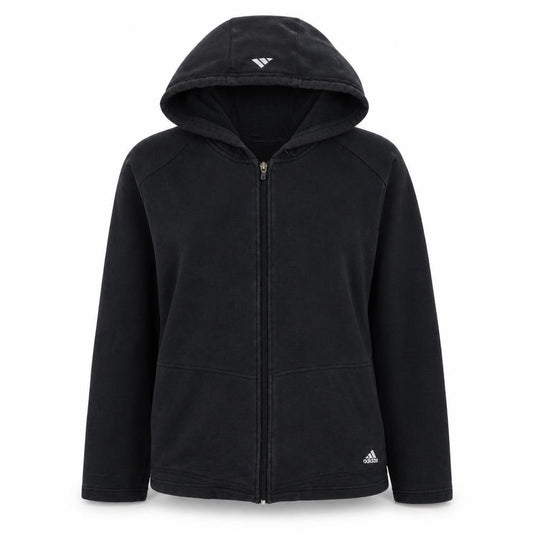 Front view of Adidas women’s black full zip hoodie, size M, classic hooded sweatshirt