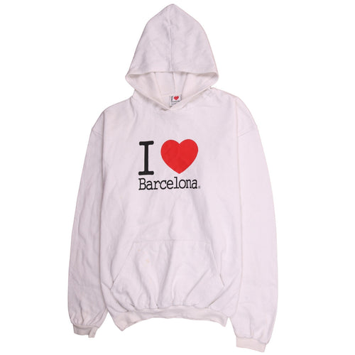 I Love Barcelona White Pullover Hoodie Men 2XL Graphic Print Fleece