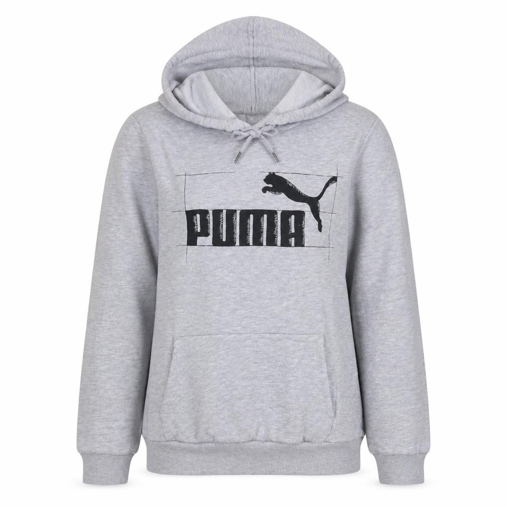 Front view of Puma women’s grey hoodie large pullover logo cotton blend casual
