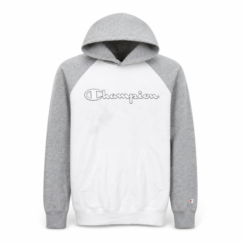 Front view of Champion Men's Grey White Pullover Hoodie Medium Logo Sports Cotton