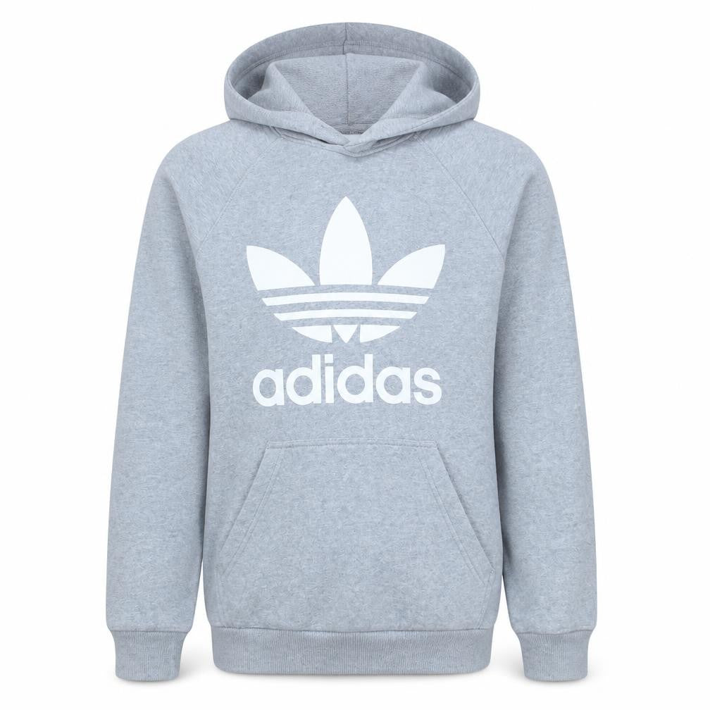 Front view of adidas men’s grey pullover hoodie m logo fleece sweatshirt