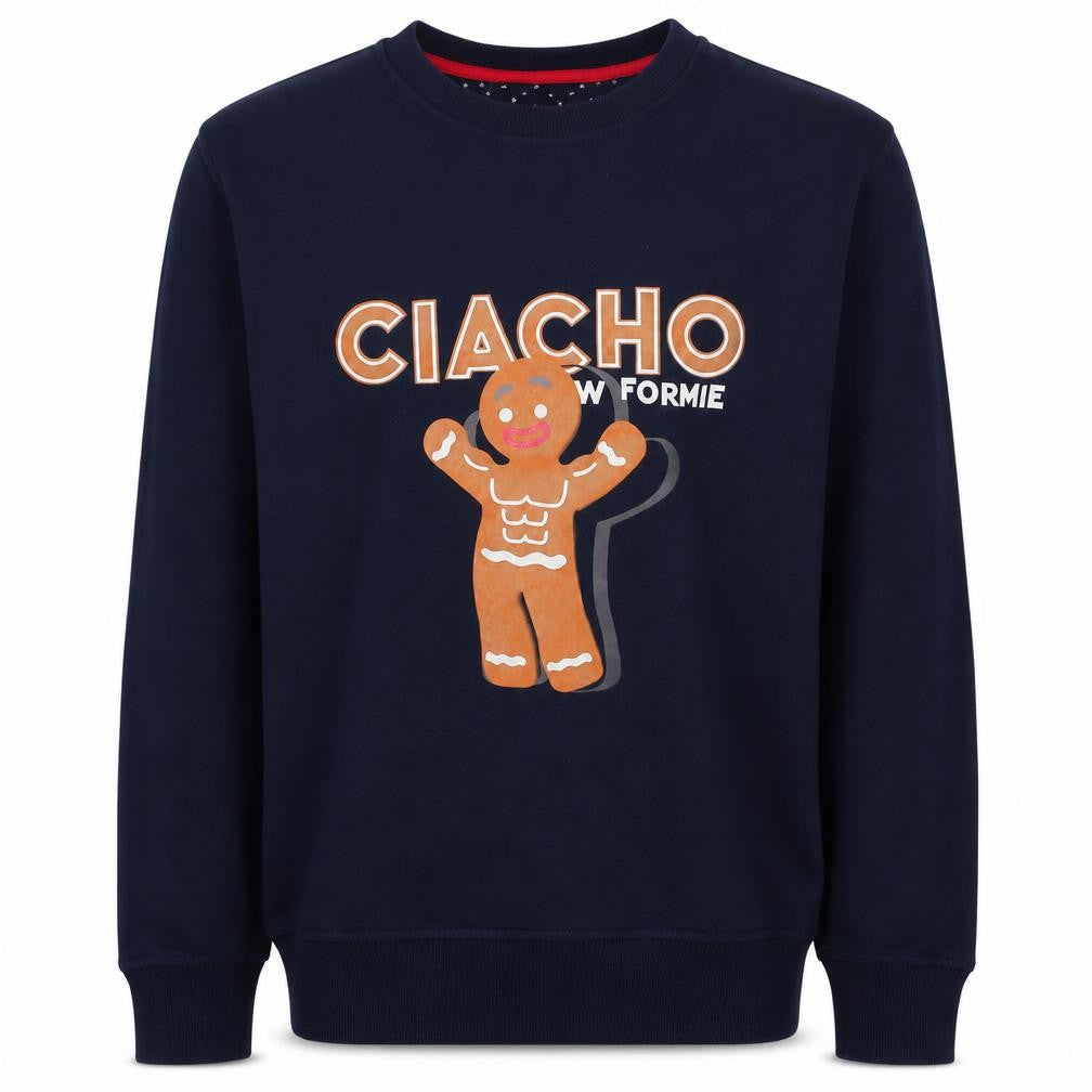 Front view of RESERVED Men's Blue XL Christmas Gingerbread Graphic Sweatshirt