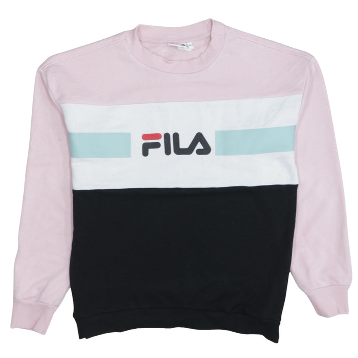 FILA Women Pink Colourblock Logo Crew Neck Pullover Sweatshirt Size S