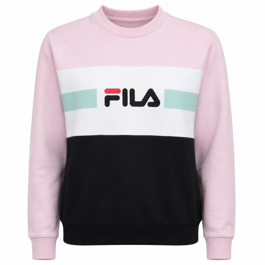 Front view of Fila Women Pink Colourblock Logo Crew Neck Pullover Sweatshirt, size S