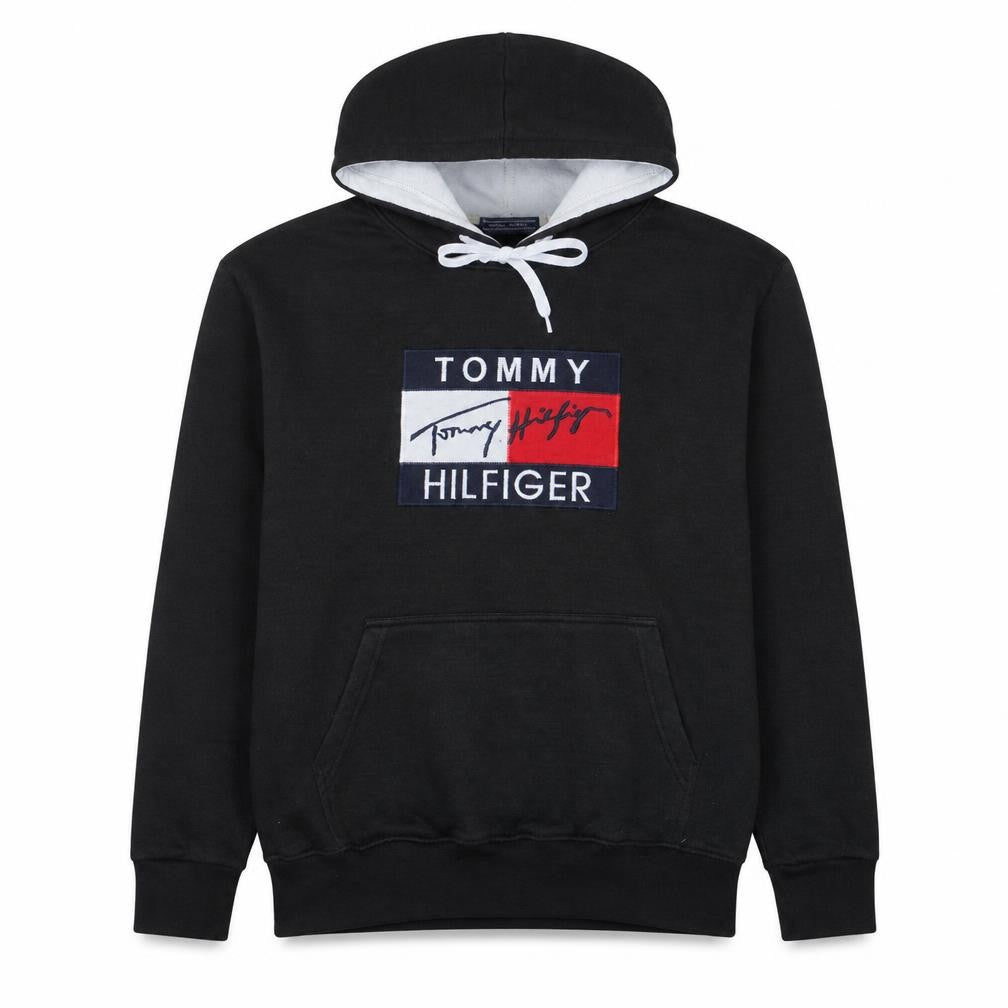 Front view of Tommy Hilfiger Men's Black Pullover Hoodie L Logo Fleece Sweatshirt