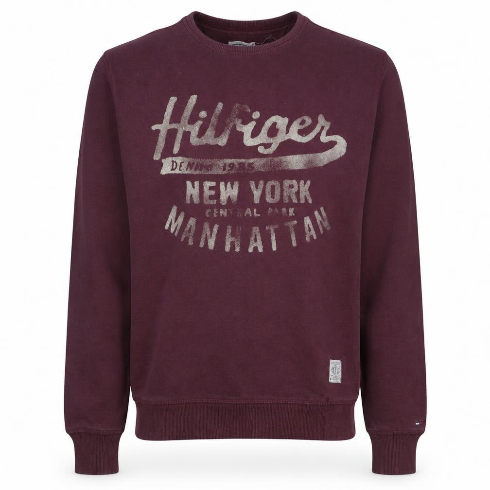 Front view of Tommy Hilfiger Men's Brown Logo Sweatshirt M Crew Neck Pullover