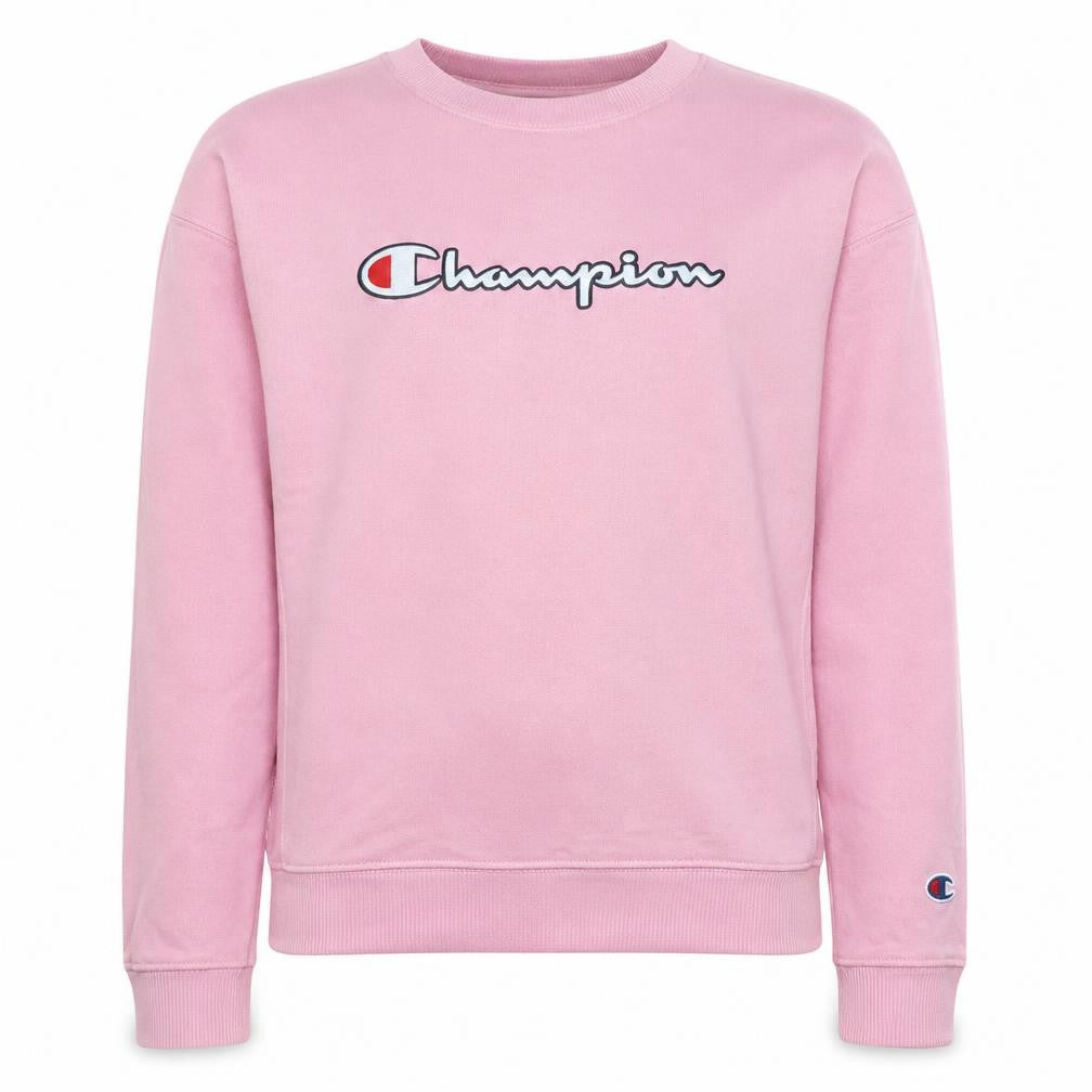 Front view of Champion girls’ pink pullover crew neck logo sweatshirt 13-14 years
