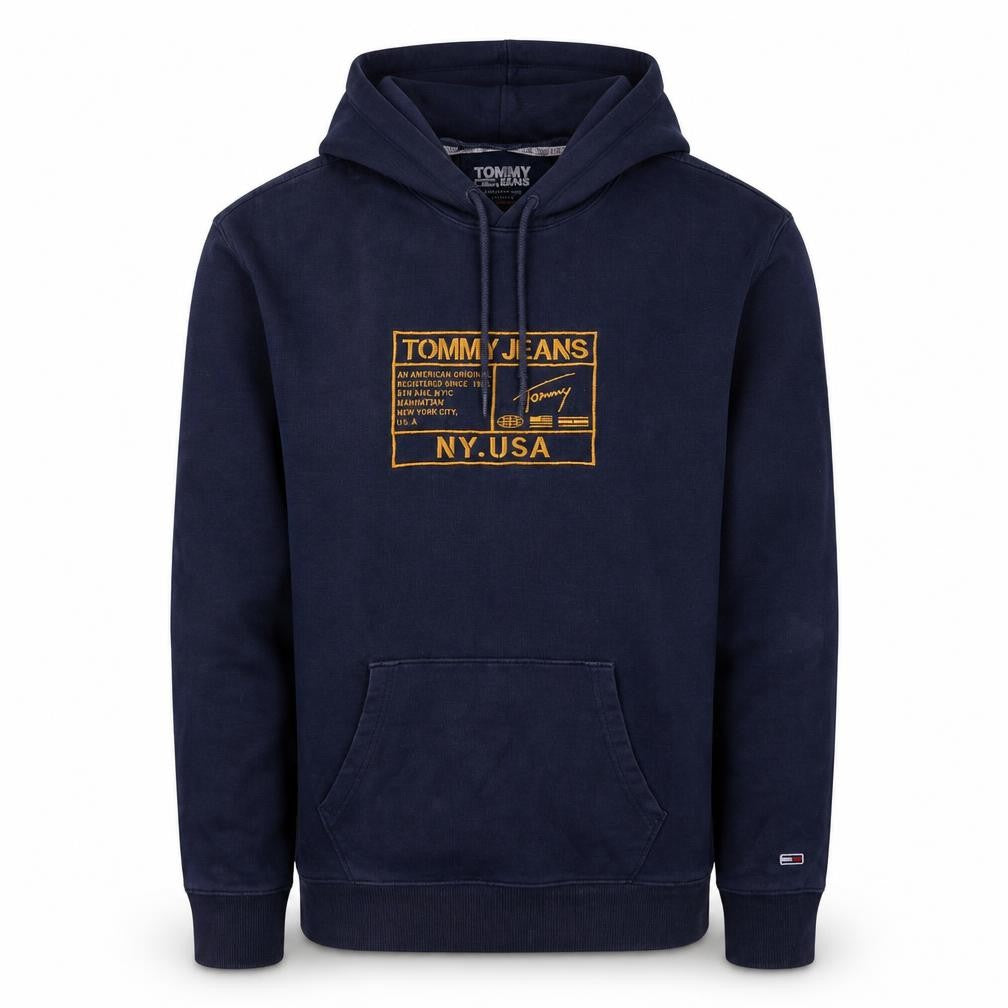 Front view of Tommy Jeans Men's Blue XS Pullover Hoodie with Logo Print