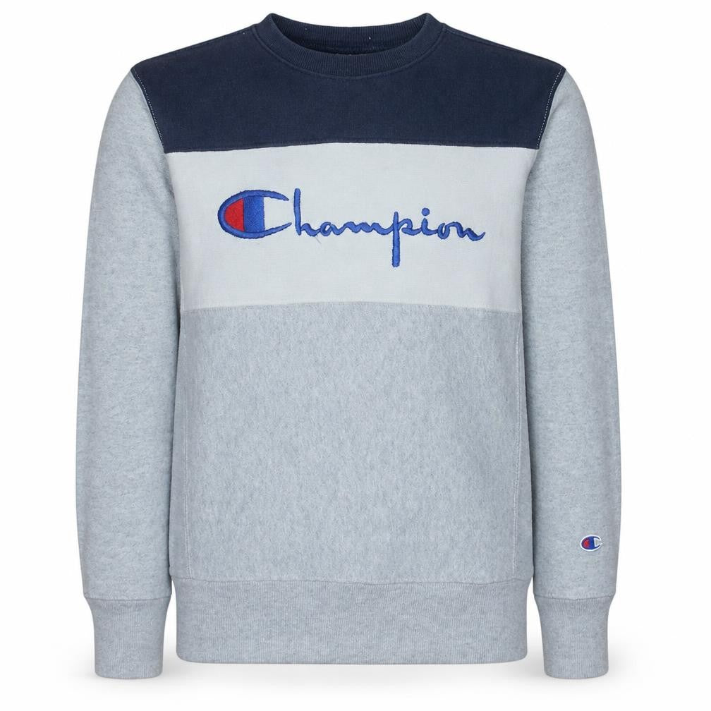 Front view of Champion Men's Grey Reverse Weave Sweatshirt Medium Embroidered Logo