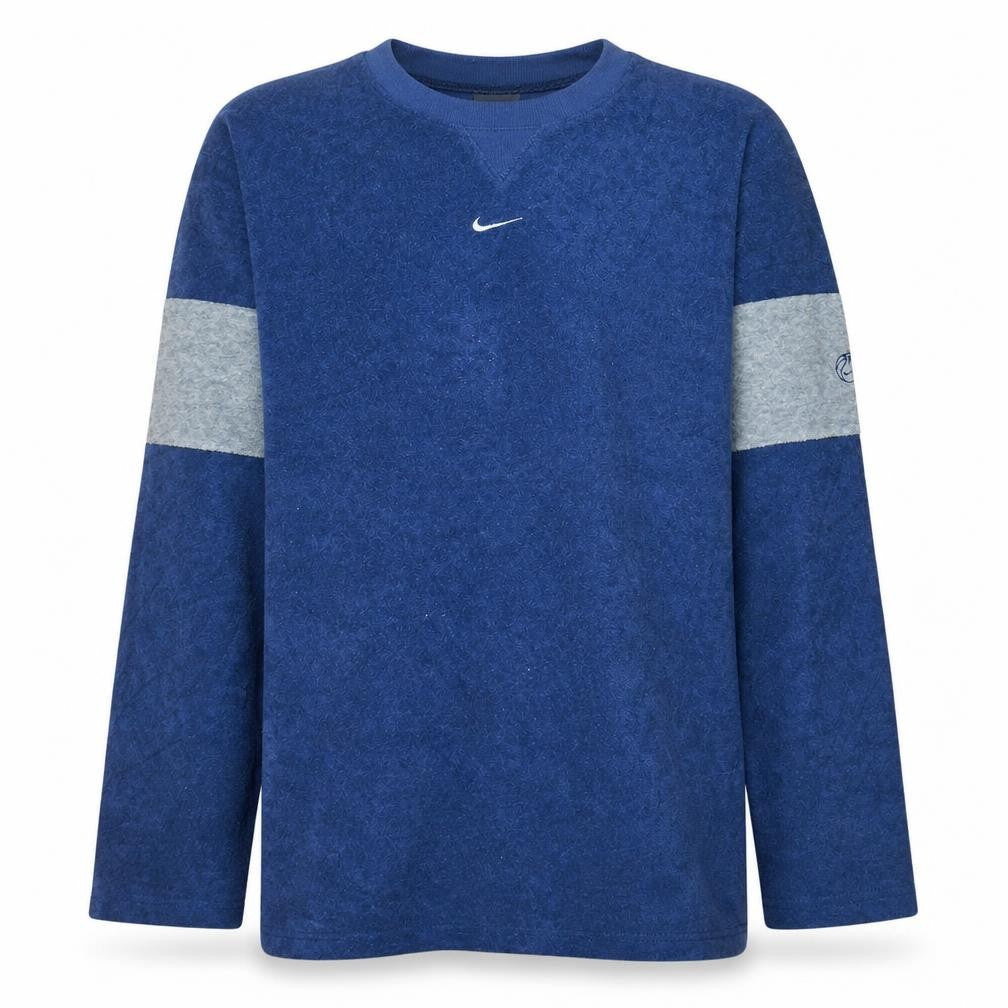 Front view of Nike men’s blue crew neck pullover sweatshirt, size L, fleece sportswear