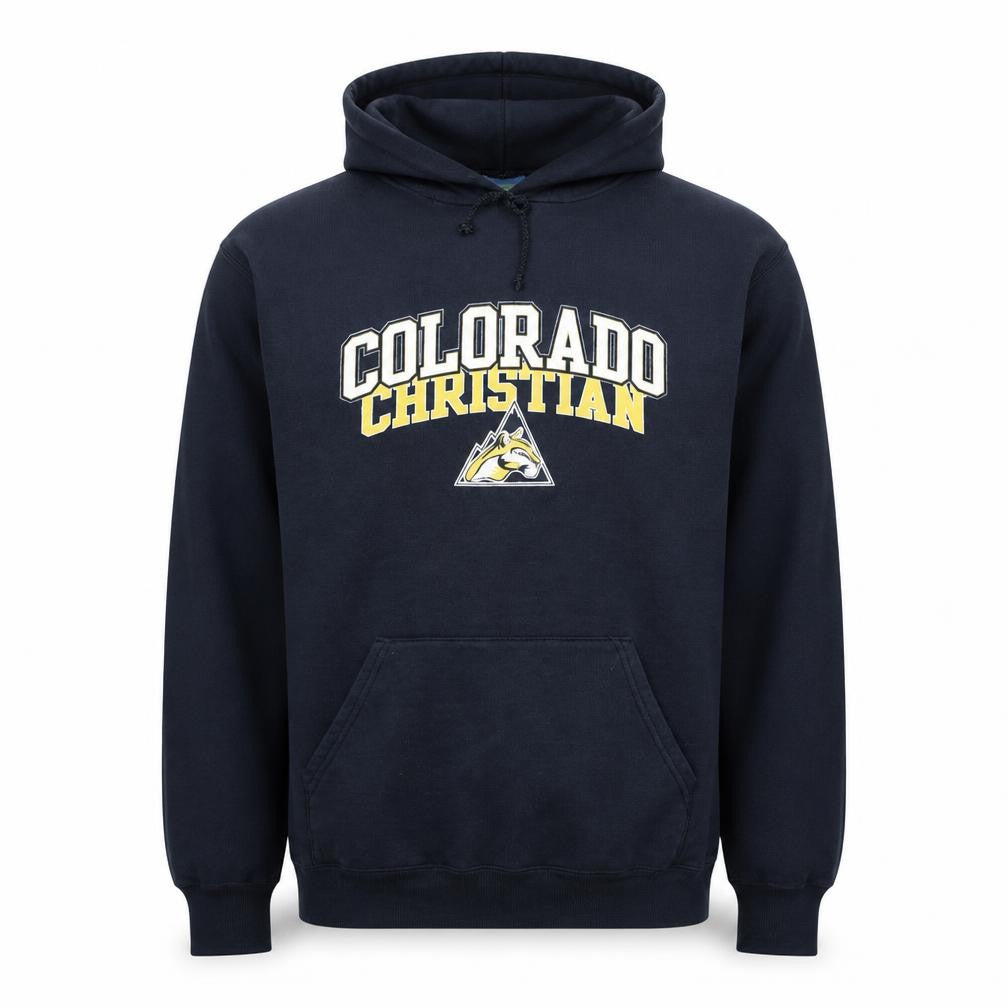 Front view of Champion Men's Blue Colorado Christian Pullover Hoodie, size L