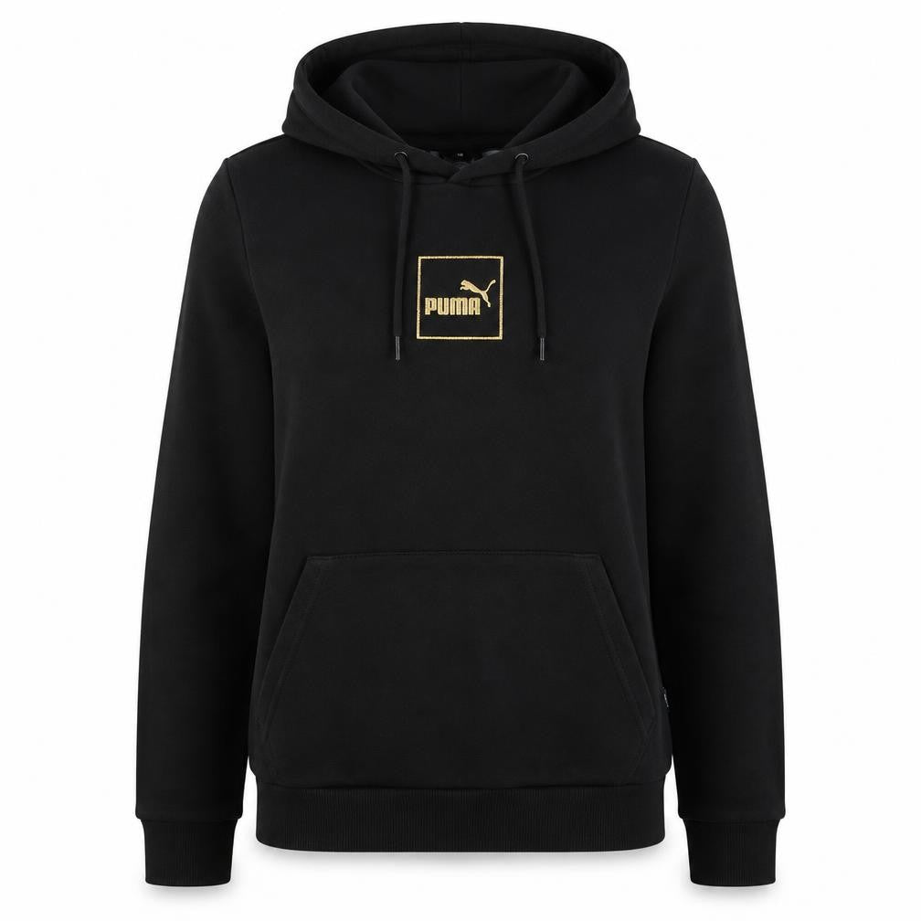 Front view of Puma Women's Black Medium Pullover Hoodie Gold Logo