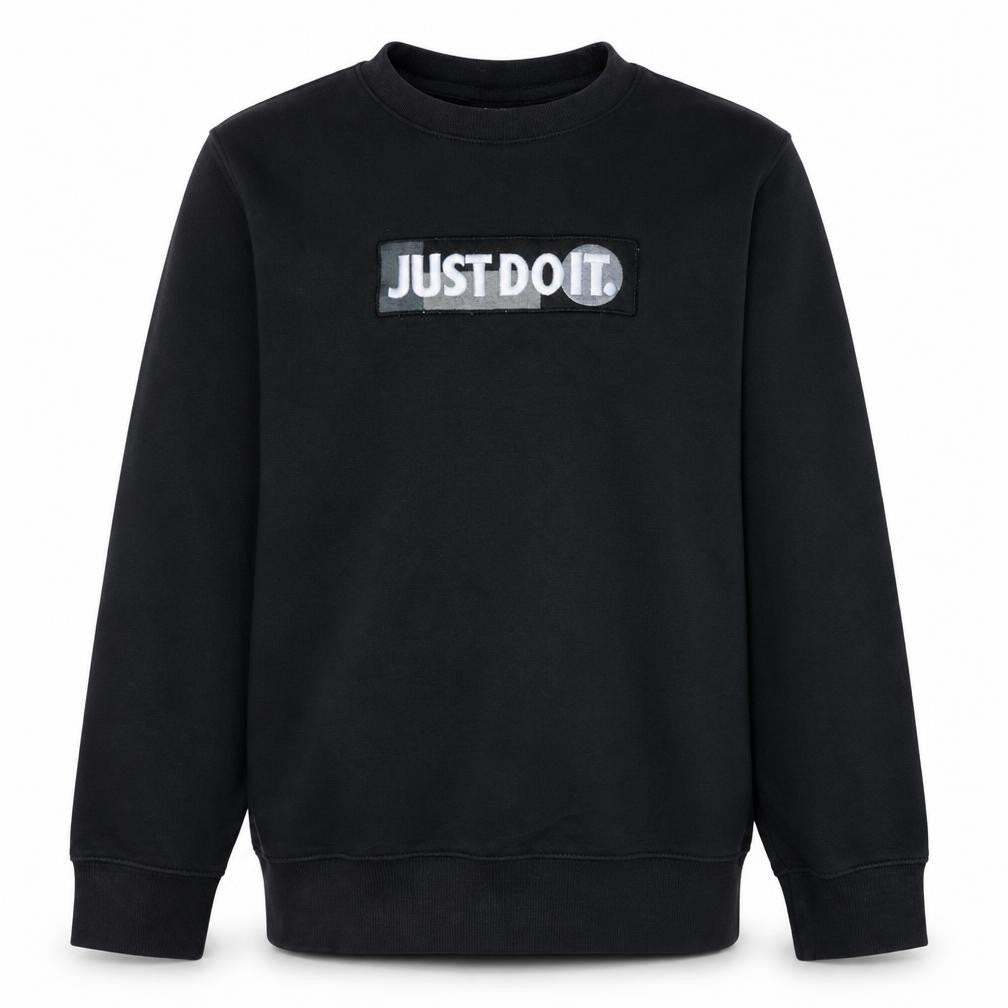 Front view of Nike boys’ black 'just do it' fleece pullover sweatshirt, size S
