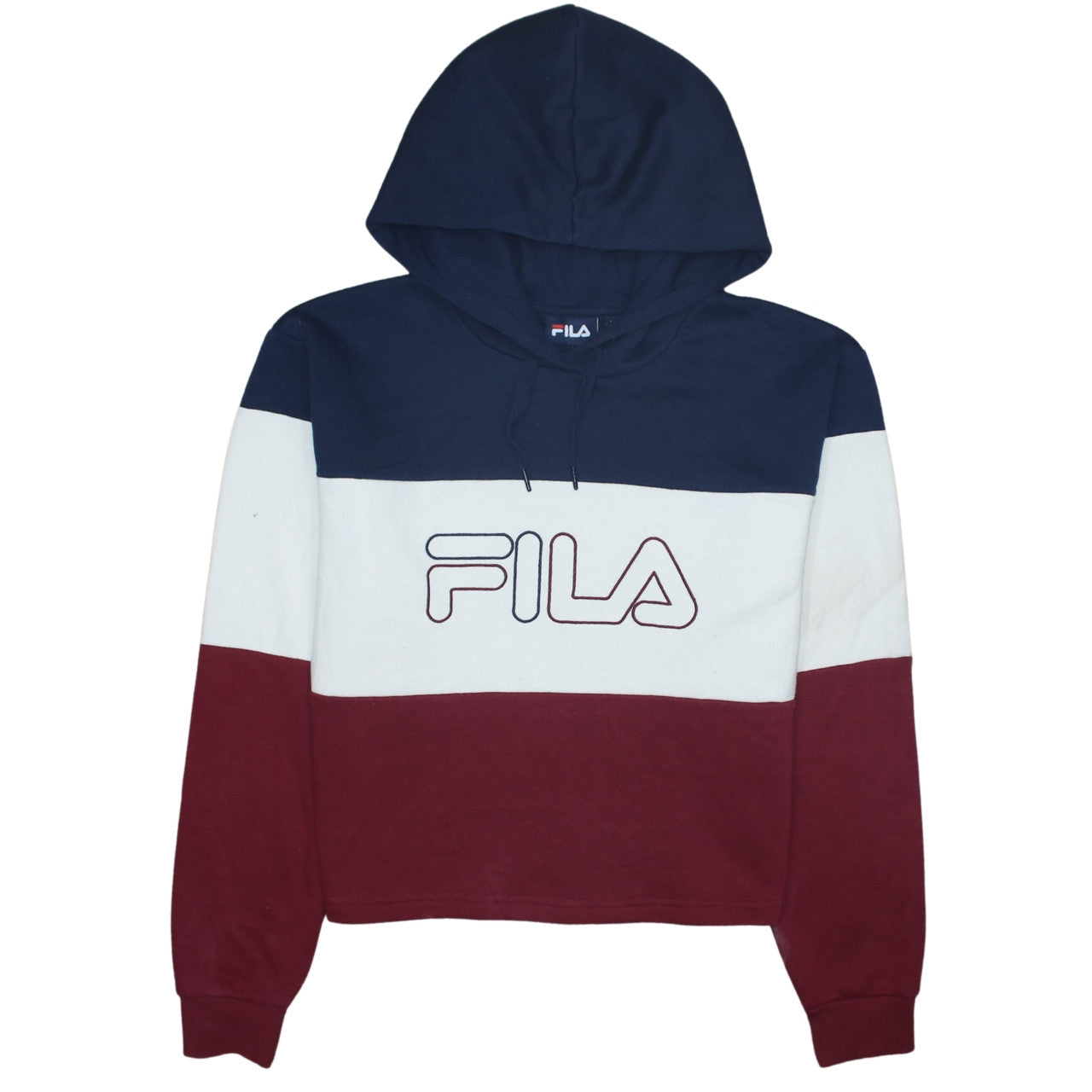 Fila Women’s Navy White Burgundy Colourblock Cropped Hoodie Size L