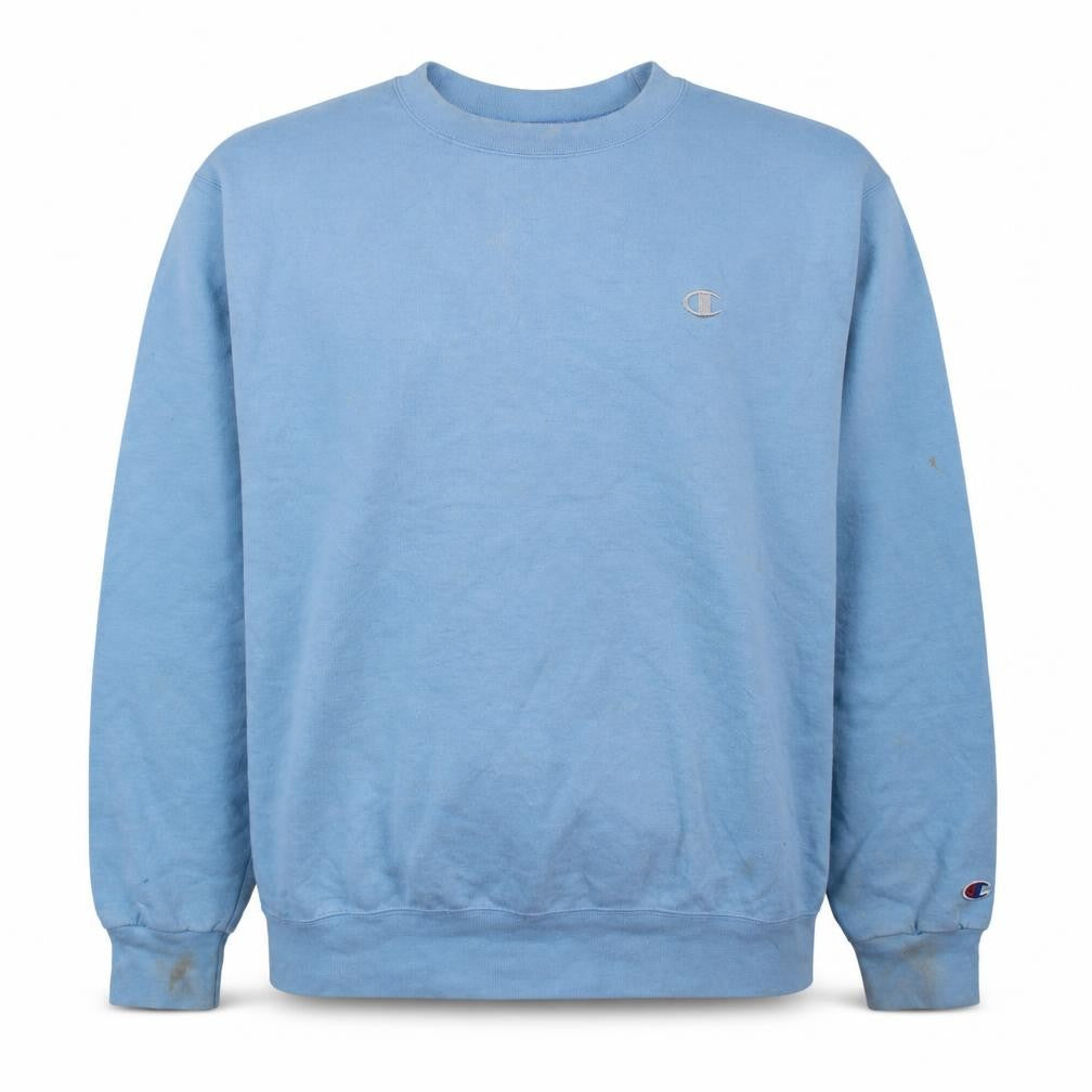 Front view of Champion Men's Blue Crew Neck Pullover Sweatshirt, size L