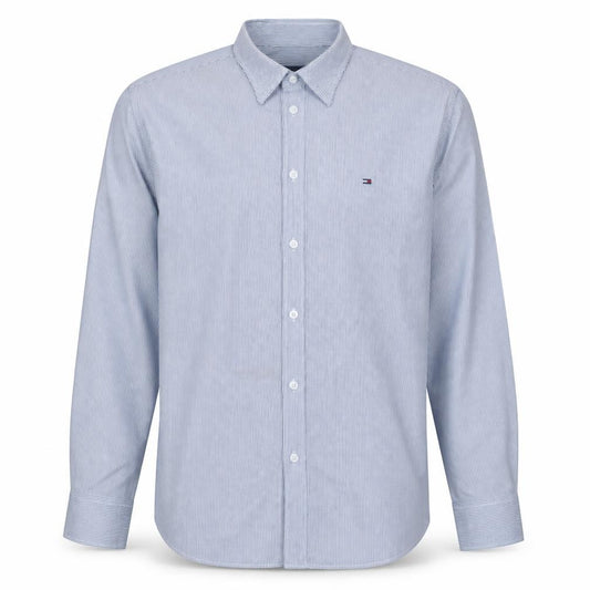 Front view of Tommy Hilfiger Men's Blue Striped Slim Fit Cotton Button-Up Shirt XL