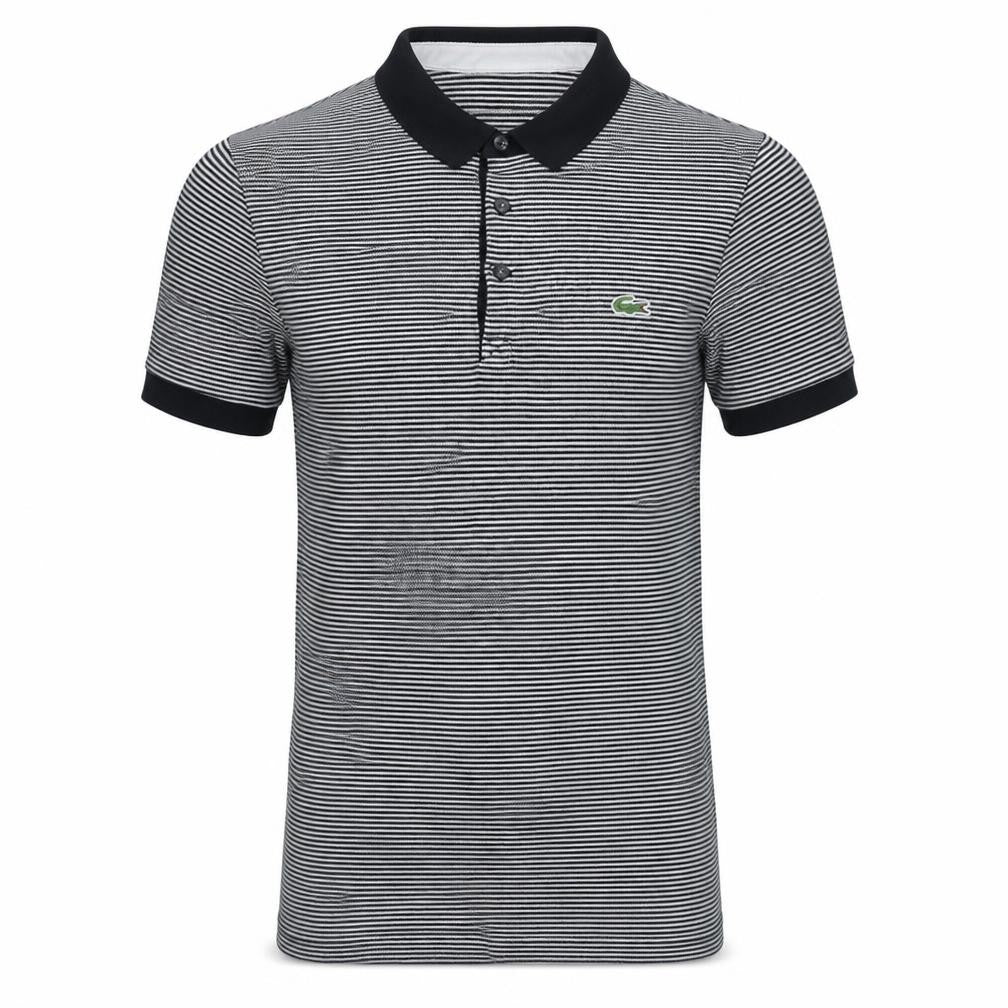 Front view of Lacoste Men’s Black Striped Cotton Polo Shirt, size S