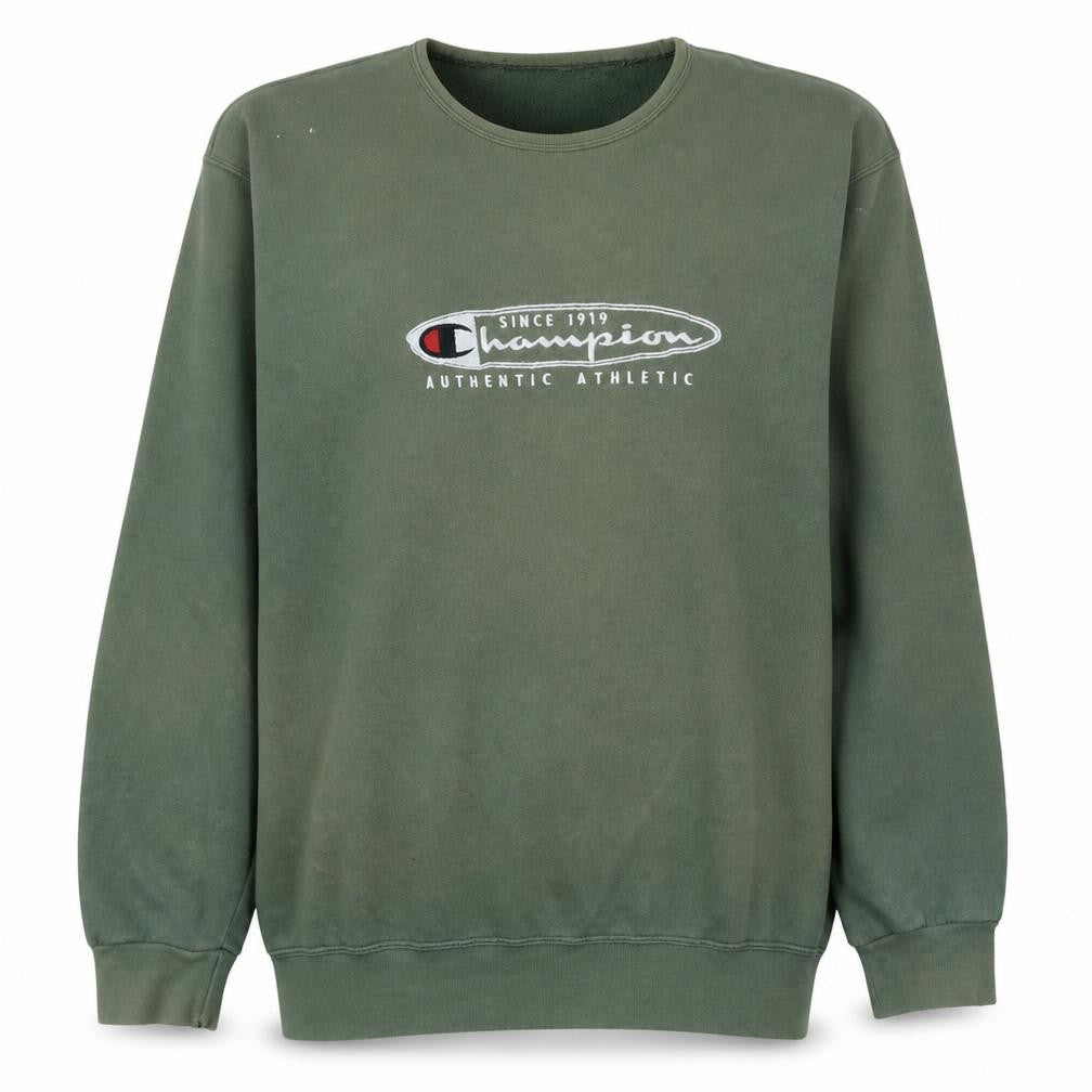 Front view of Champion Men’s Green XL Pullover Sweatshirt Retro Sports Style