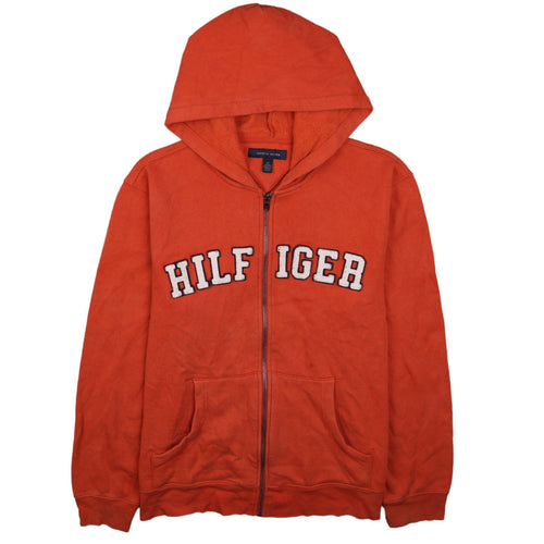 Tommy Hilfiger Mens Orange Full Zip Hoodie L Embroidered Logo Fleece