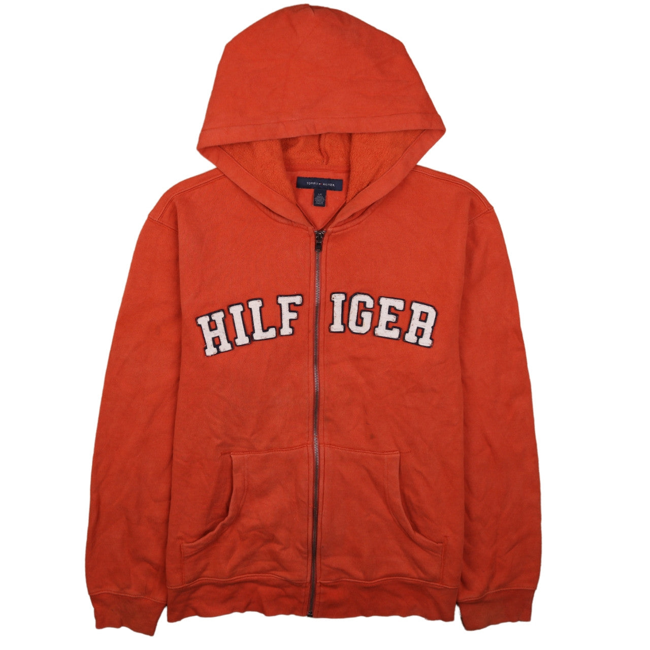 Tommy Hilfiger Mens Orange Full Zip Hoodie L Embroidered Logo Fleece