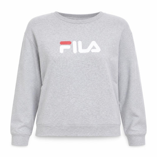 Front view of Fila women’s grey logo pullover sweatshirt, size L, casual crew neck