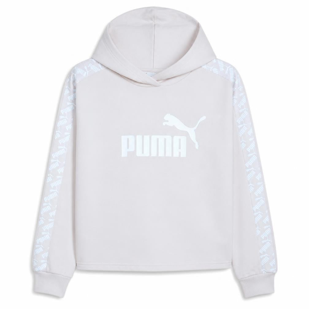 Front view of PUMA women’s beige hooded pullover sweatshirt l logo print casual