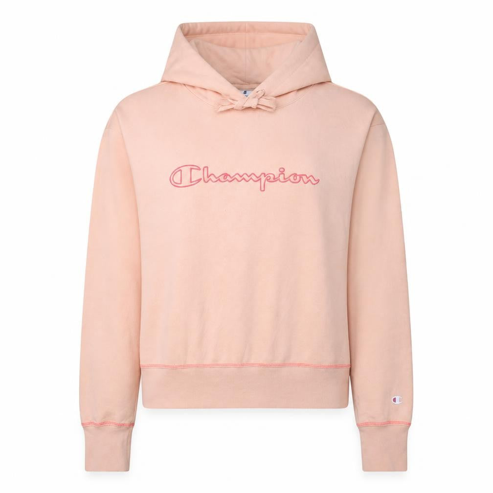 Front view of Champion Women's Peach Pink Pullover Hoodie, size L, Cotton Blend