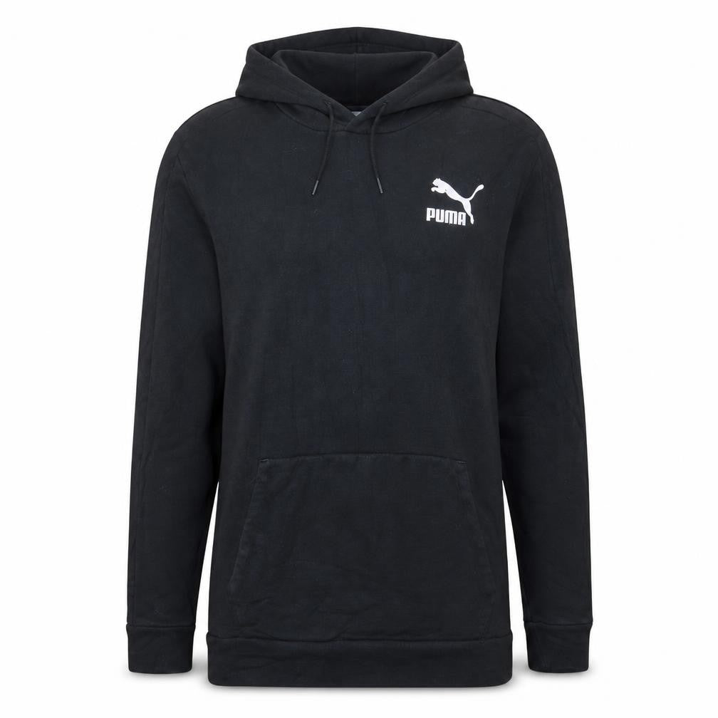 Front view of Puma Men's Black Pullover Hoodie, size S, Logo Fleece Sweatshirt