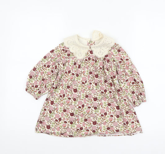 Zara Girls Multicoloured Floral A-Line Dress 2-3 Years Cotton Lace Collar