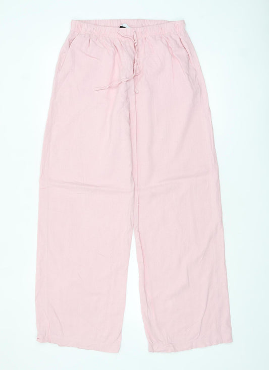 Bershka Women Pink Wide-Leg Linen Blend Trousers Size 12