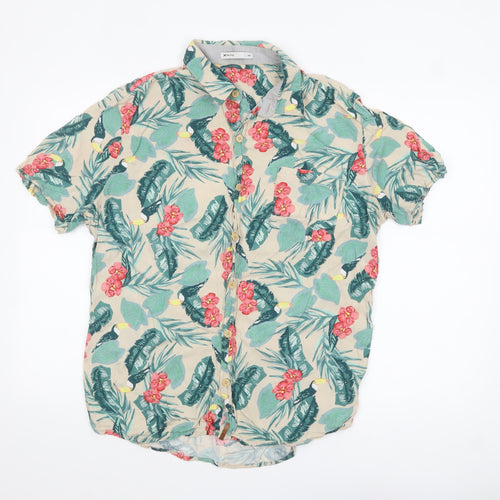 Hering Men's Beige Tropical Floral Short Sleeve Button-Up Shirt L