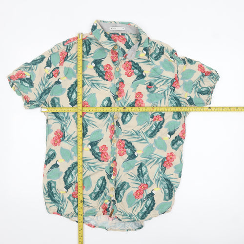 Hering Men's Beige Tropical Floral Short Sleeve Button-Up Shirt L