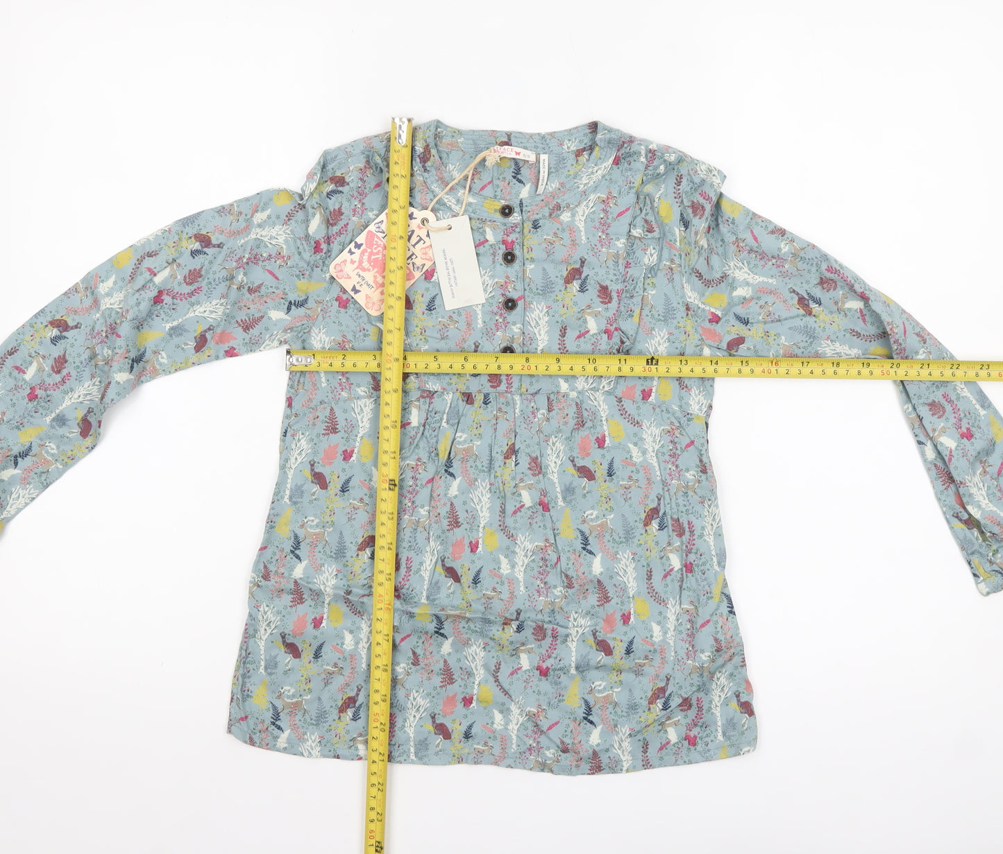 FatFace Girls Blue Enchanted Forest Blouse 8-9 Years Viscose Long Sleeve