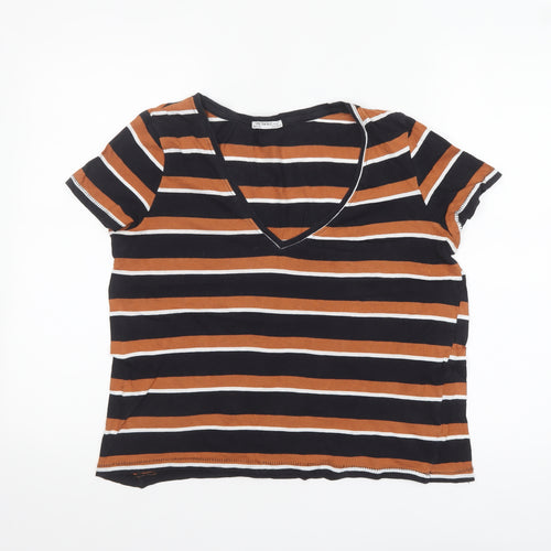 Zara Trafaluc Women's Brown Black Striped V-Neck Cotton T-Shirt Size S