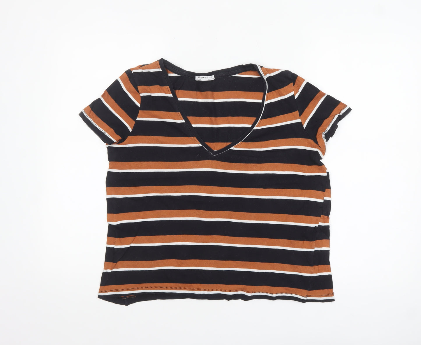 Zara Trafaluc Women's Brown Black Striped V-Neck Cotton T-Shirt Size S