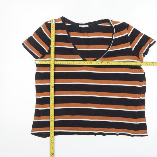 Zara Trafaluc Women's Brown Black Striped V-Neck Cotton T-Shirt Size S