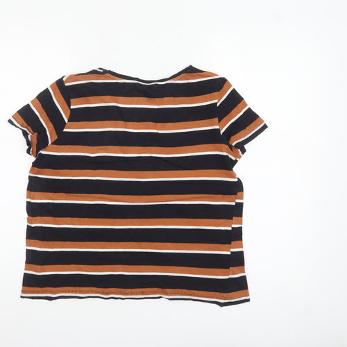 Zara Trafaluc Women's Brown Black Striped V-Neck Cotton T-Shirt Size S