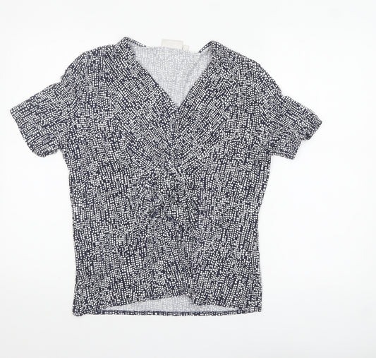 CC Womens Blue Geometric V-Neck Short Sleeve Tunic Blouse Size L