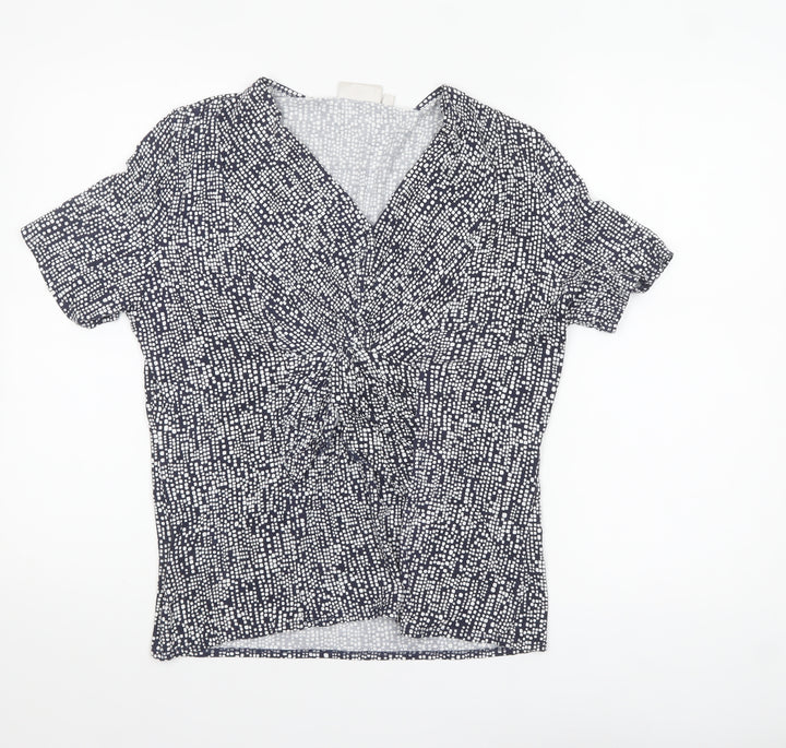 CC Womens Blue Geometric V-Neck Short Sleeve Tunic Blouse Size L