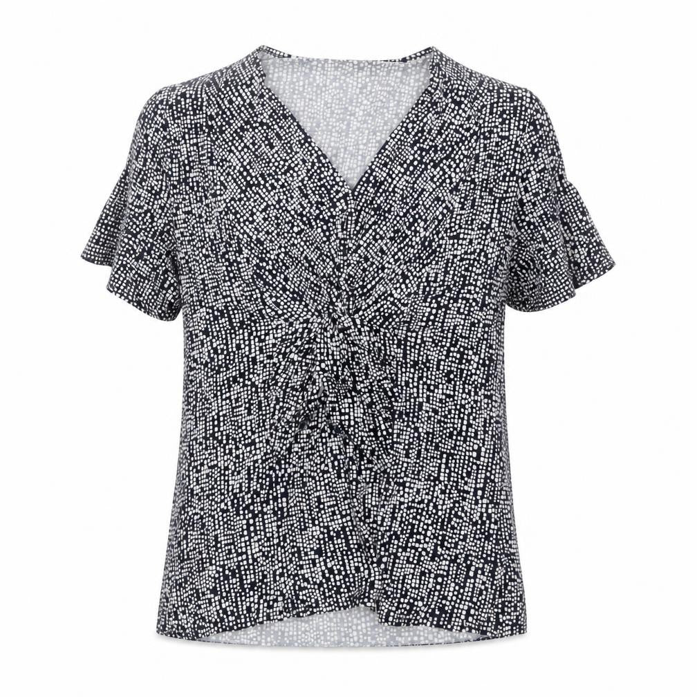 Front view of Country Casuals women’s blue geometric v-neck short sleeve tunic blouse, size L