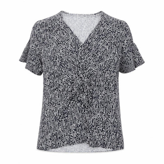 Front view of Country Casuals women’s blue geometric v-neck short sleeve tunic blouse, size L