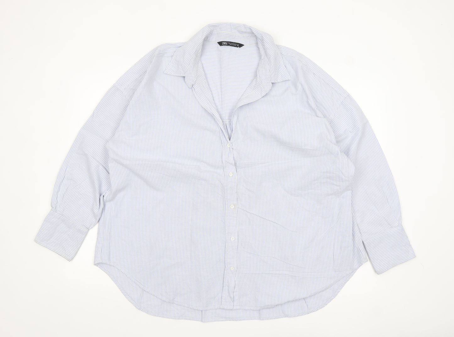 Zara Women Blue Striped Cotton Button-Up Shirt Size 16