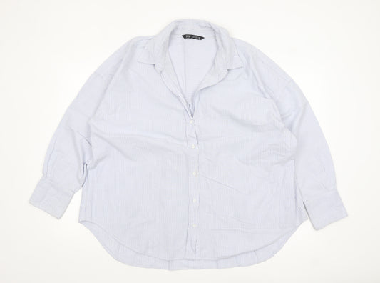 Zara Women Blue Striped Cotton Button-Up Shirt Size 16