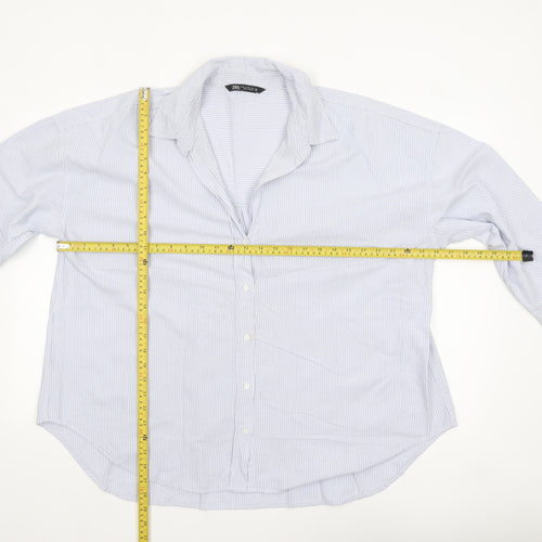 Zara Women Blue Striped Cotton Button-Up Shirt Size 16