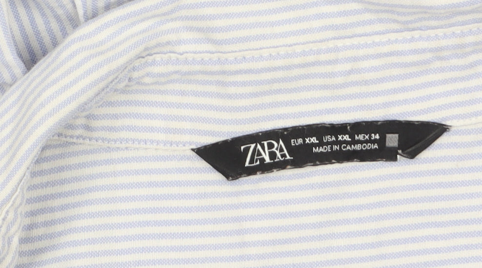 Zara Women Blue Striped Cotton Button-Up Shirt Size 16