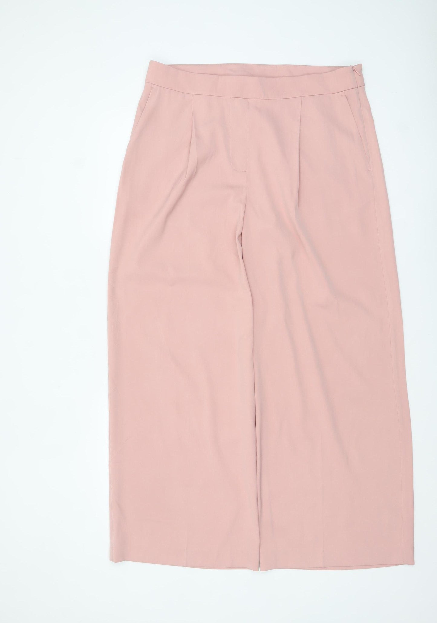 Marks and Spencer Womens Pink Wide-Leg Trousers Size 16 Regular Twill