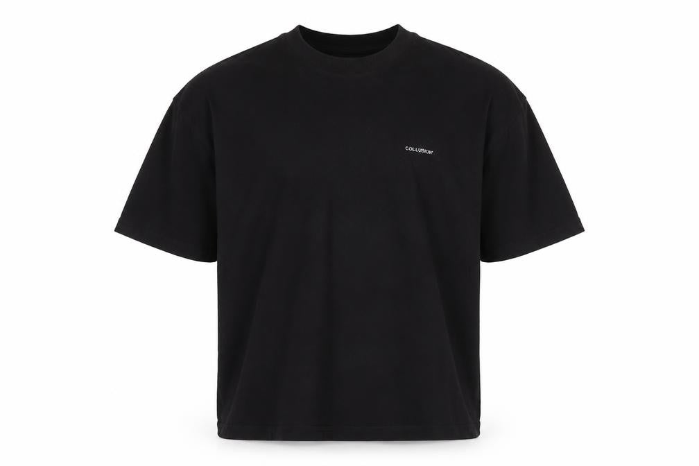 Front view of Collusion Men’s Black Palm Springs Graphic T-Shirt Medium