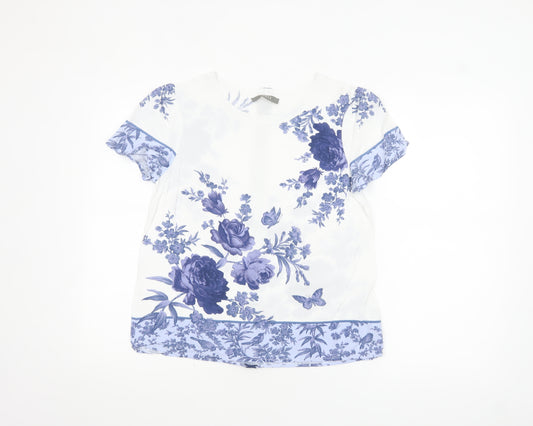 Oasis Women’s White Blue Floral Tunic Blouse Size 8 Short Sleeve Zip Back