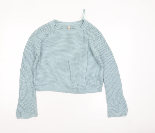 Pull & Bear Women's Blue Waffle Knit Crew Neck Jumper Size S