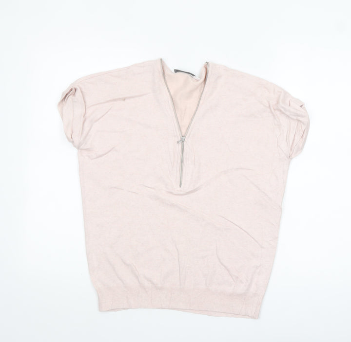 Mint Velvet Women’s Beige Short Sleeve 1/4 Zip Jumper Size S